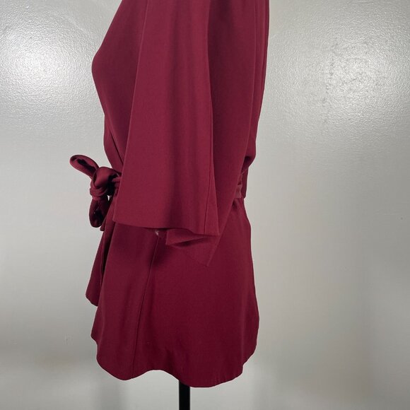 Trina Turk Wrap Top Womens Size 4 Maroon Tie Waist Long Sleeve V Neck Back Zip - Picture 8 of 15